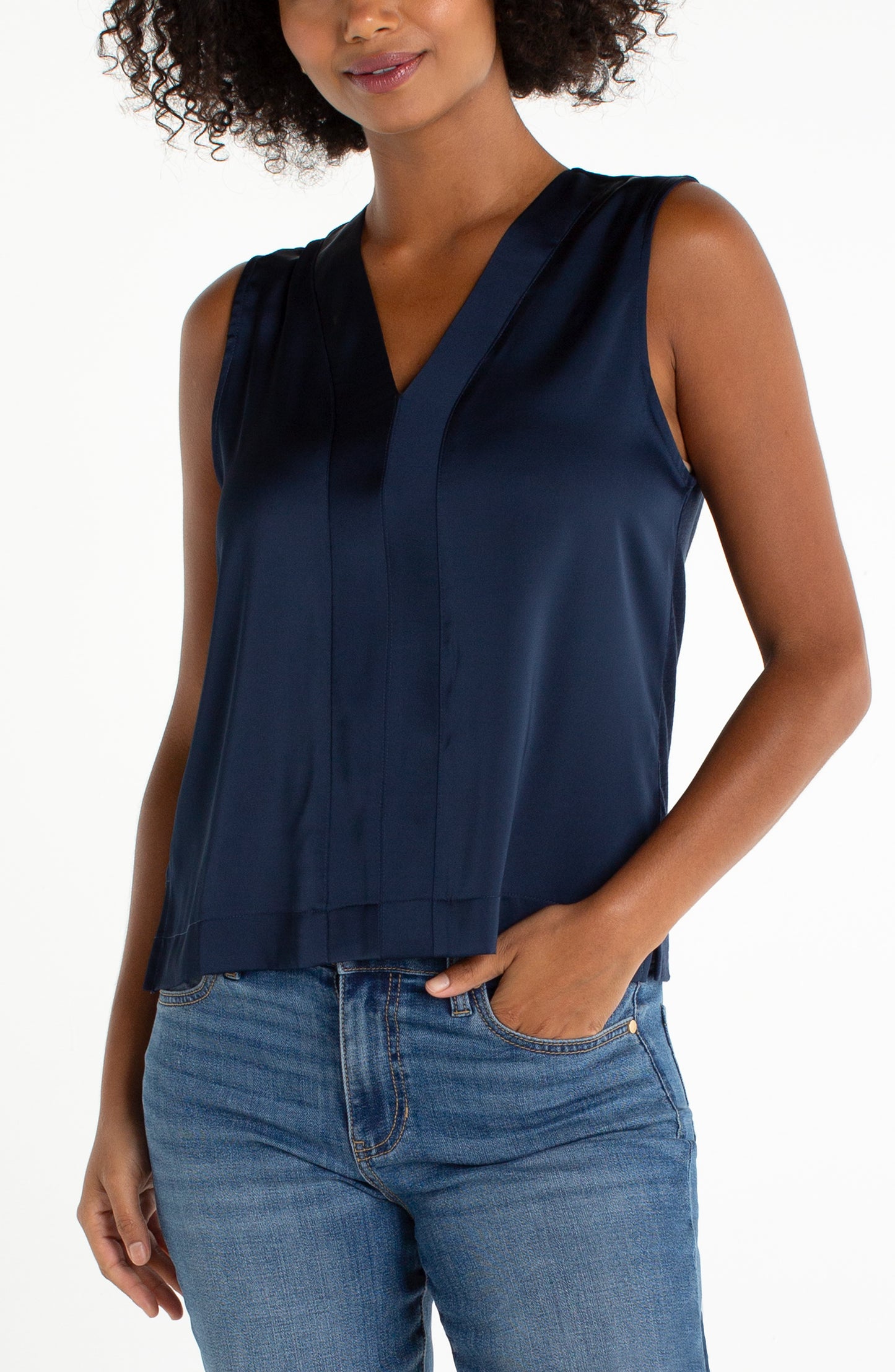 LIVERPOOL SLEEVELESS V-NECK WOVEN-TO-KNIT TOP