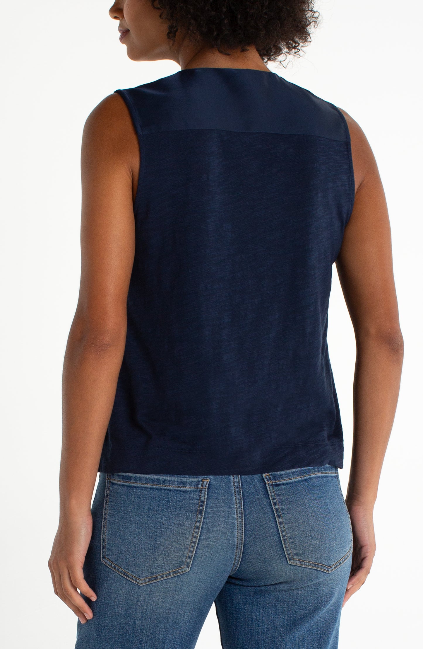 LIVERPOOL SLEEVELESS V-NECK WOVEN-TO-KNIT TOP