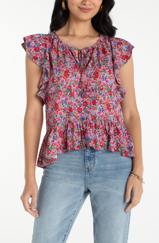 Liverpool Flutter Sleeve Peplum Woven Top With Ties