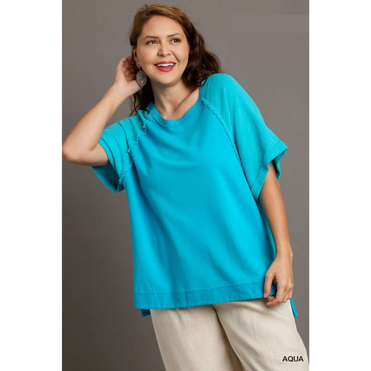 PLUS COTTON GAUZE & FRENCH TERRY PULLOVER TOP