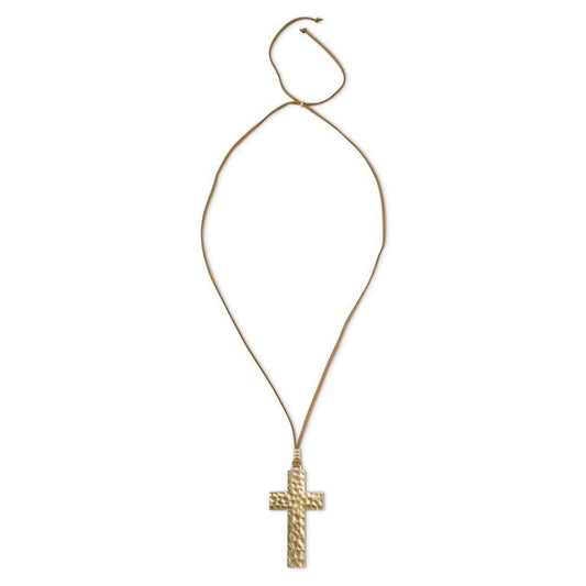 GOLD HAMMERED CROSS WITH BROWN ADJUSTABLE LEATHER STRAP