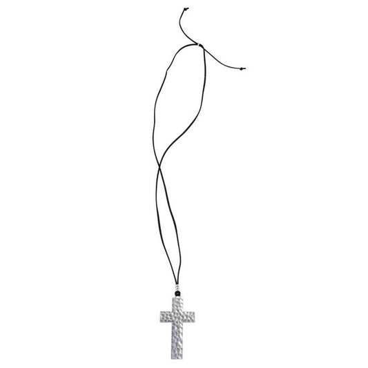 SILVER HAMMERED CROSS WITH BLACK ADJUSTABLE LEATHER STRAP
