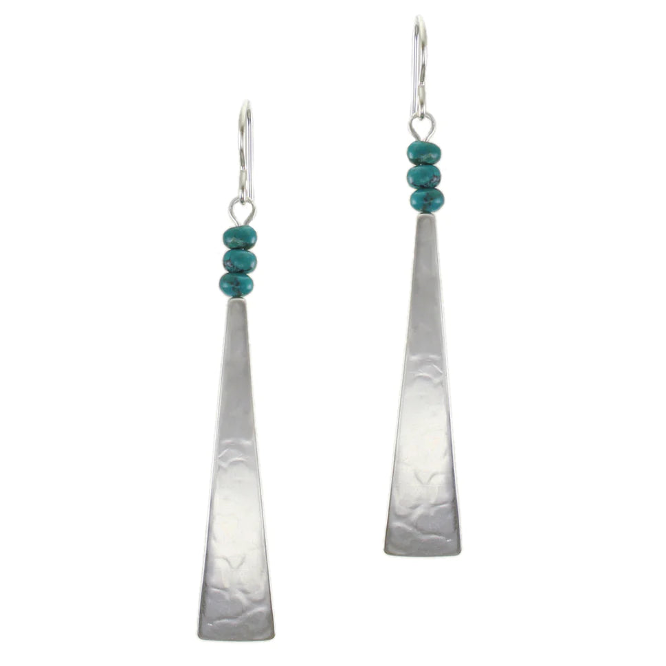 MARJORIE BAER LONG TRIANGLE WITH TURQUOISE BEAD STACK WIRE EARRINGS