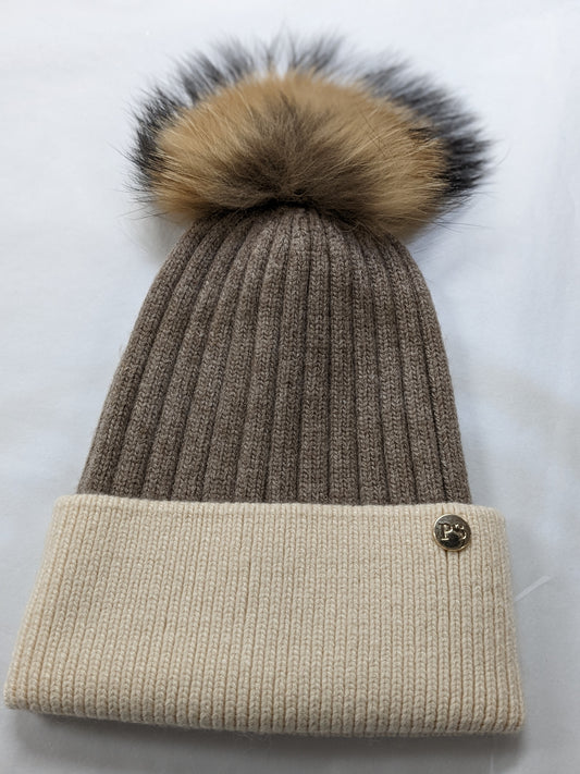 2 TONE ANGORA KNIT FUR POM BEANIE