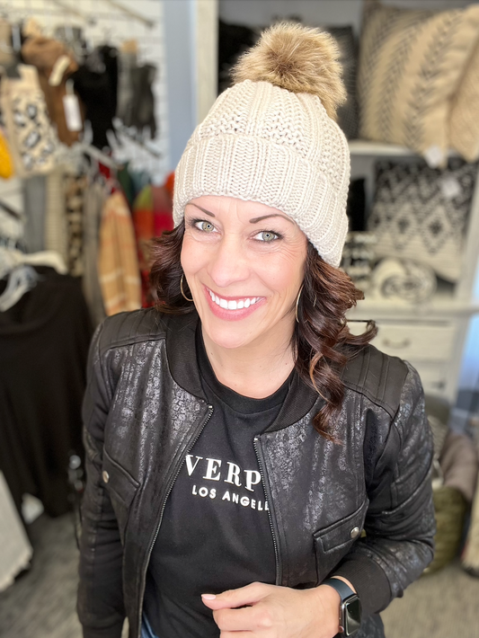 KNIT BEANIE WITH FAUX FUR POM