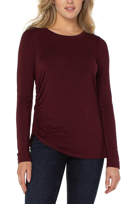 LIVERPOOL CREW NECK MODAL KNIT TOP WITH SHIRRING