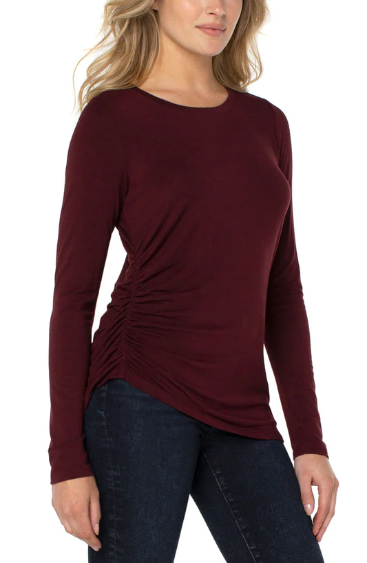 LIVERPOOL CREW NECK MODAL KNIT TOP WITH SHIRRING