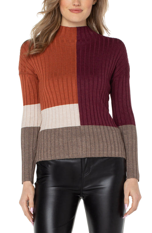 LIVERPOOL MOCK NECK PULLOVER SWEATER WITH COLOR BLOCK