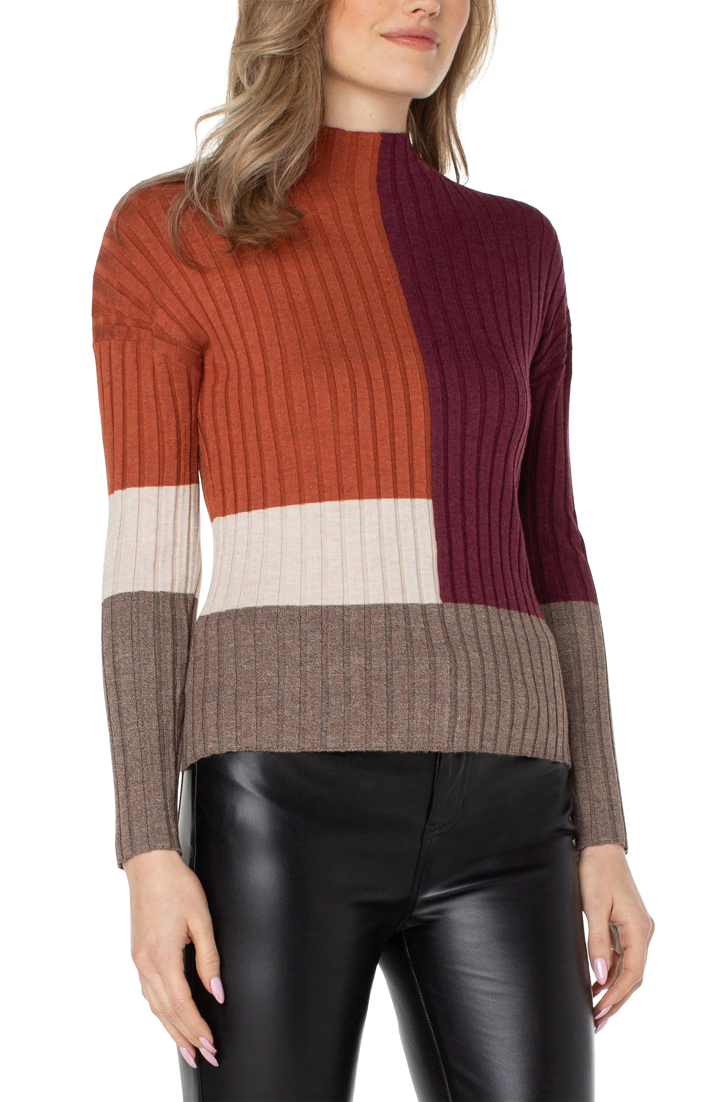 LIVERPOOL MOCK NECK PULLOVER SWEATER WITH COLOR BLOCK