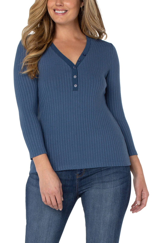 LIVERPOOL 3/4 SLEEVE RIB KNIT HENLEY TOP